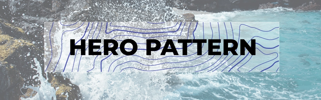 Fond marron avec un rectangle blanc transparent au centre, contenant un motif 'hero pattern' bleu foncé et un texte en gras marqué 'hero pattern'.