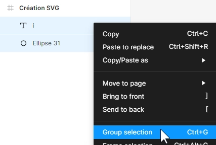 Démonstration de la création d'un groupe sur Figma avec le raccourci clavier Ctrl+G.