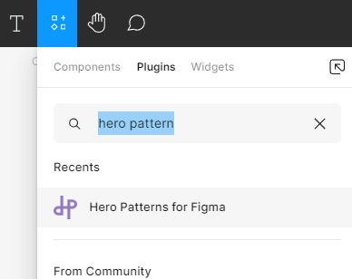 Section des plugins de Figma avec une recherche de la chaîne 'hero pattern'.