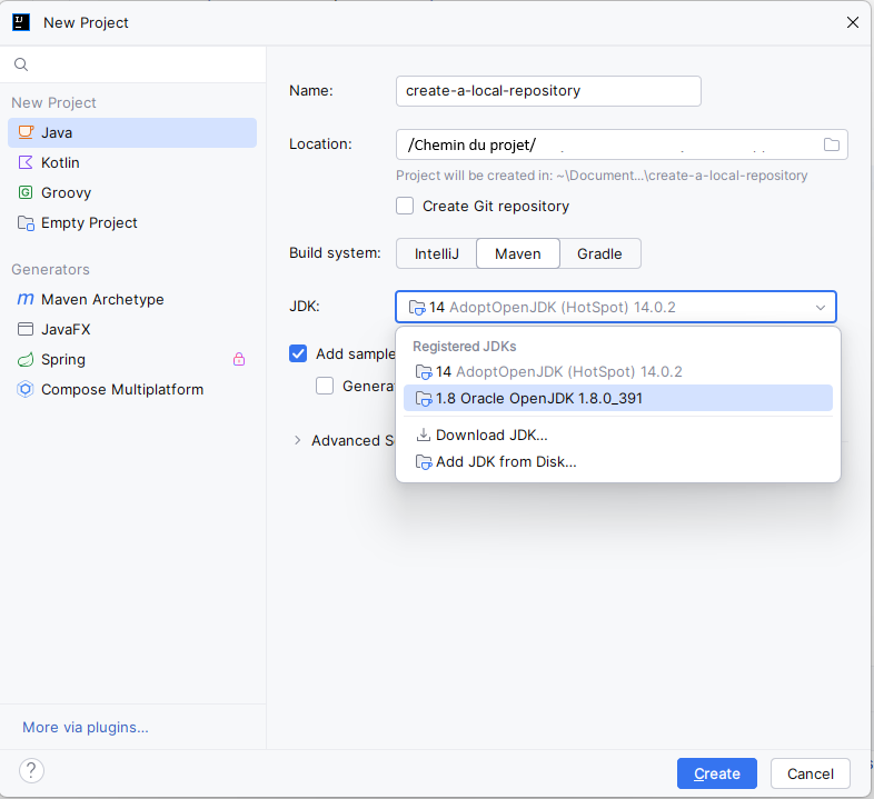 Interface de création de projet sur IntelliJ IDEA.