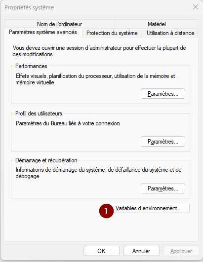 Fenêtre 'Propriétés système' de Windows montrant l'option 'Variables d'environnement'.