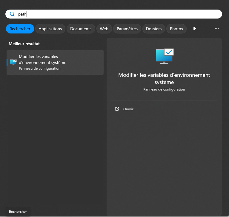 Fenêtre de recherche Windows pour modifier les variables PATH.