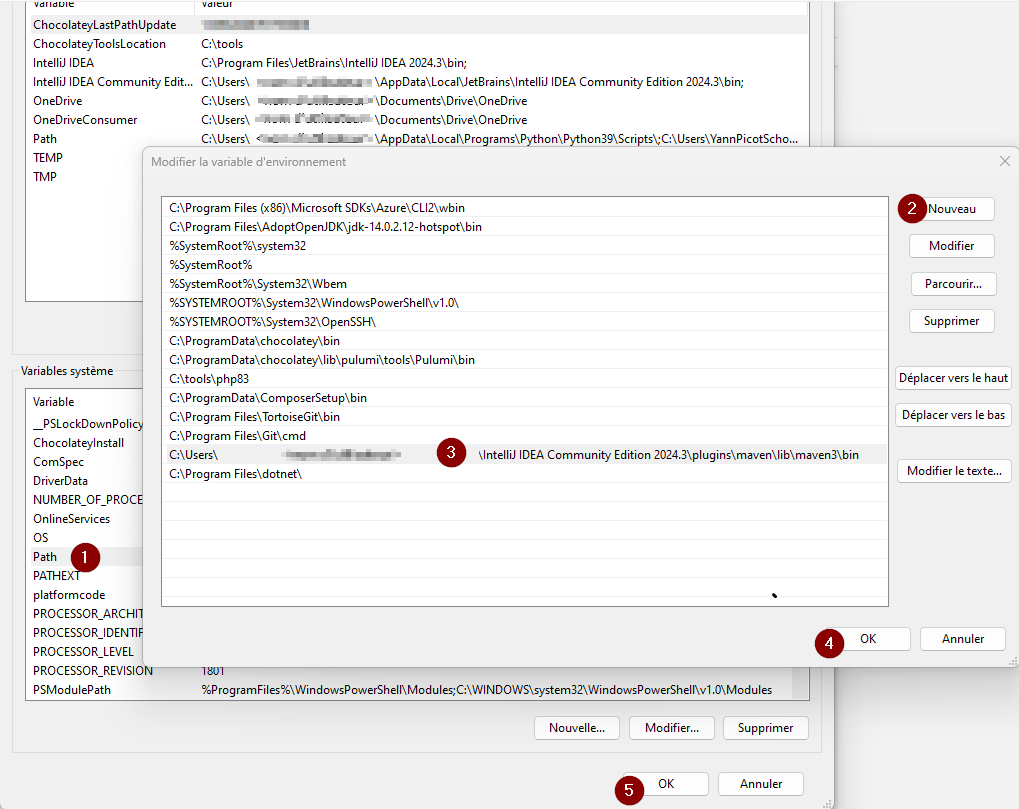 Étapes pour ajouter un PATH dans le système Windows : 1. Double-cliquer sur 'Path' dans les variables système; 2. Cliquer sur 'Nouveau'; 3. Coller le chemin du dossier 'bin' de Maven; 4 et 5. Valider avec 'OK'.