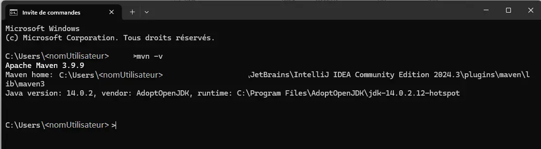 Résultat attendu de la commande 'mvn -v' dans un terminal Windows.