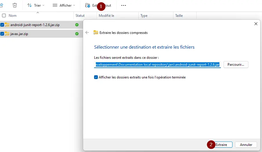 Instructions pour décompresser un fichier : étape 1, sélectionner les fichiers, clic droit, 'Décompresser tout'; étape 2, bouton 'Extraire'.