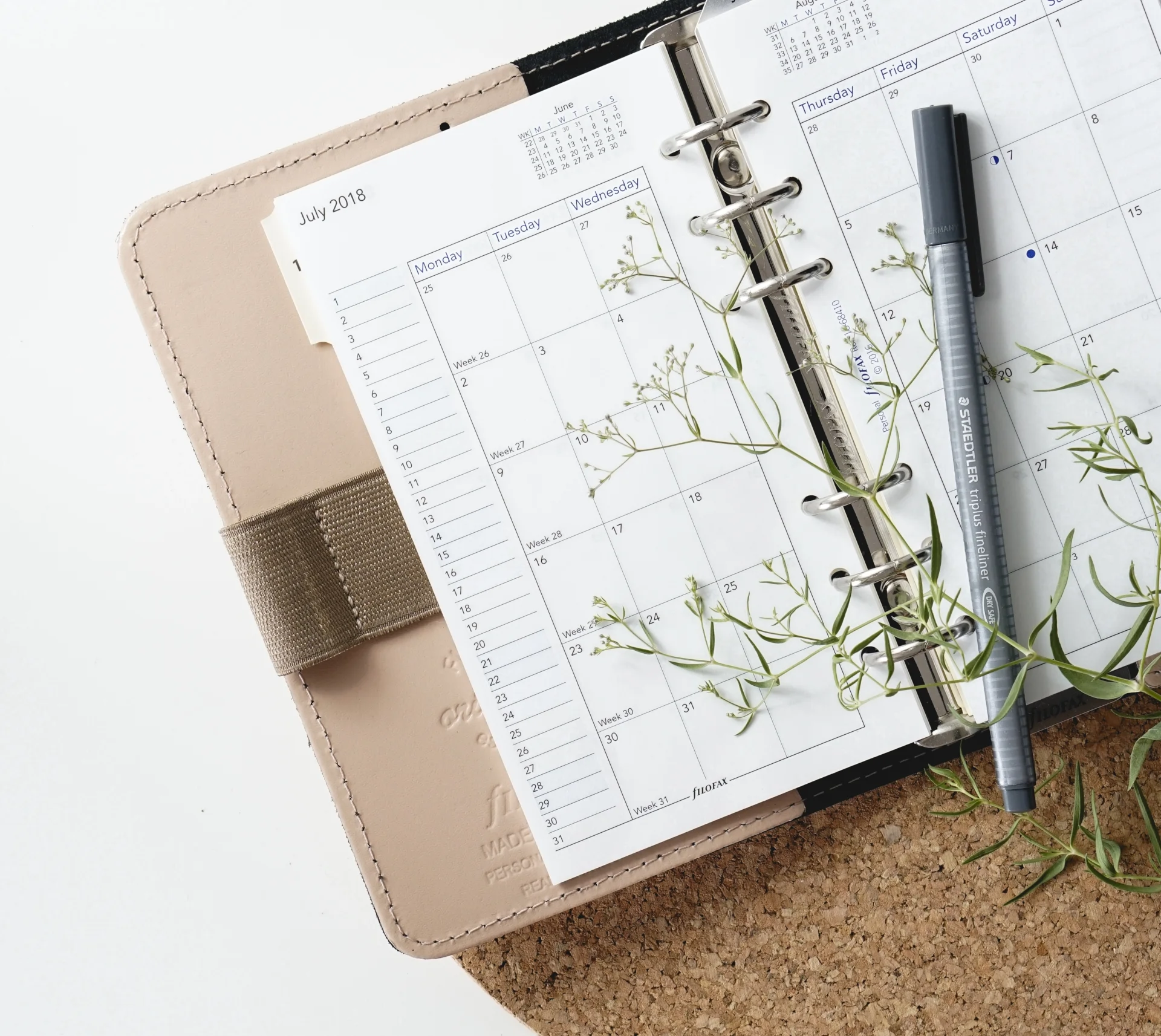 Agenda beige posé sur un fond blanc avec une branche décorative. Photo prise par Renáta Adrienn.