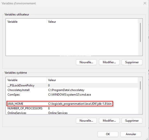 Variable système JAVA_HOME affichée dans la fenêtre des variables d'environnement Windows.