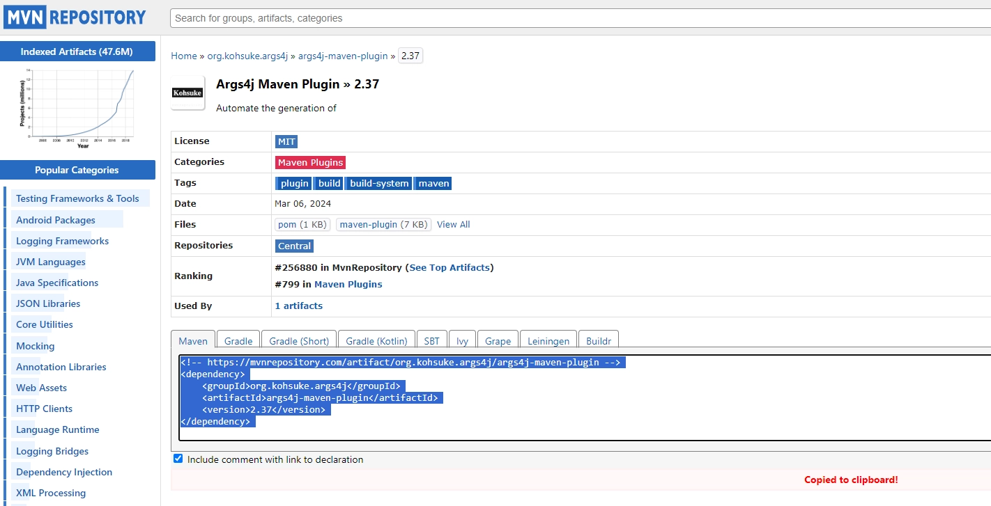 Code de déclaration de la bibliothèque args4j sur le site MVN Repository.