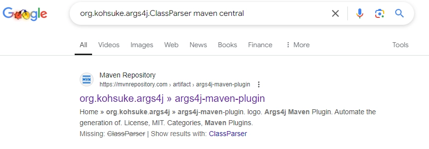 Recherche Google de l'erreur affichant le nom de la bibliothèque suivi de 'Maven Central'.