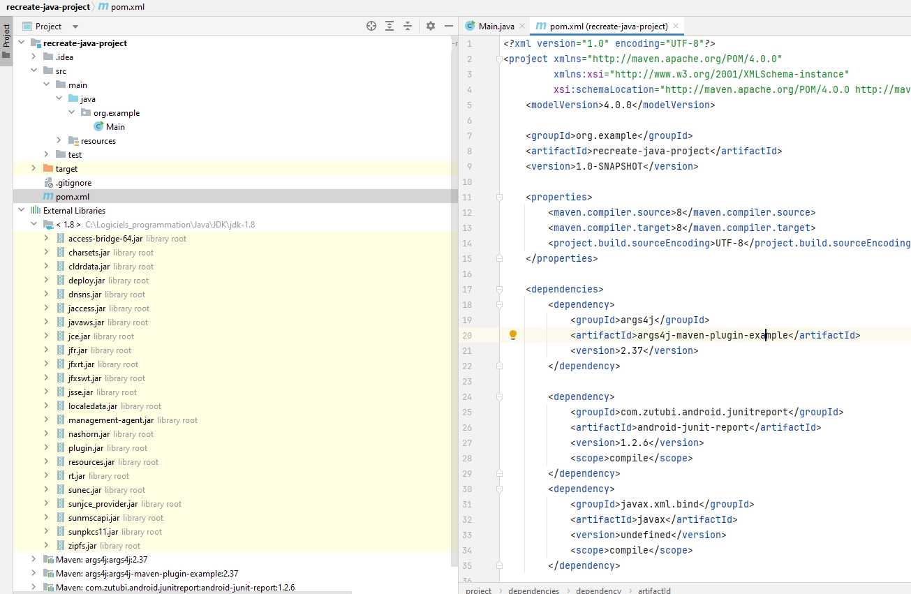 Fichier pom.xml du projet 'recreate-java-project' avec les définitions de bibliothèques ajoutées.