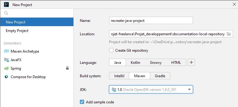 Création d'un projet nommé 'recreate-java-project' sur IntelliJ IDEA.