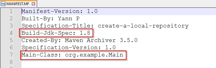 Variables du fichier manifest.mf avec des éléments mis en évidence : build-jdk-spec : 1.8 et main-class : org.example.main.